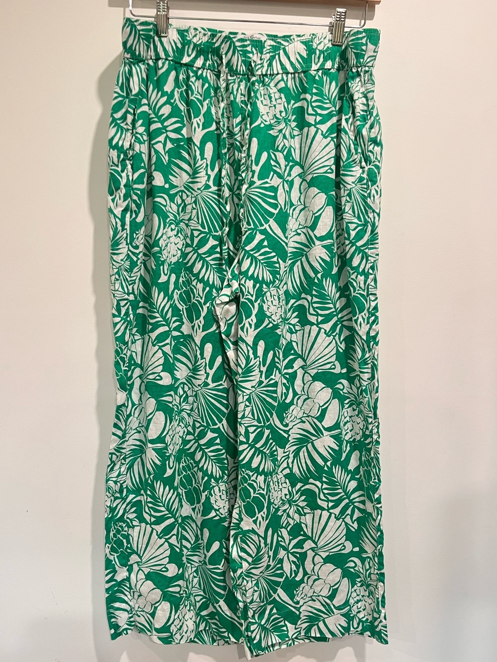 100% Linen Green & White Tropical Print Cropped Wide-Leg Pants Botanical Summer